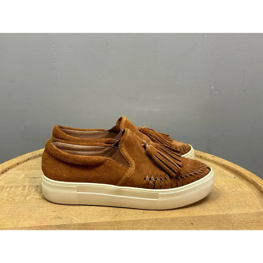 J/Slides NYC Sneakers Womens 6 Brown Suede Tassel‎ Slip On Whipstitch Platform